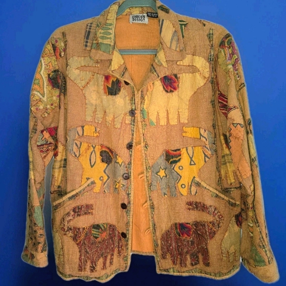 Chico's Design Vintage Elephant Button Up Blazer w/ Pockets Size 2 (12-14)